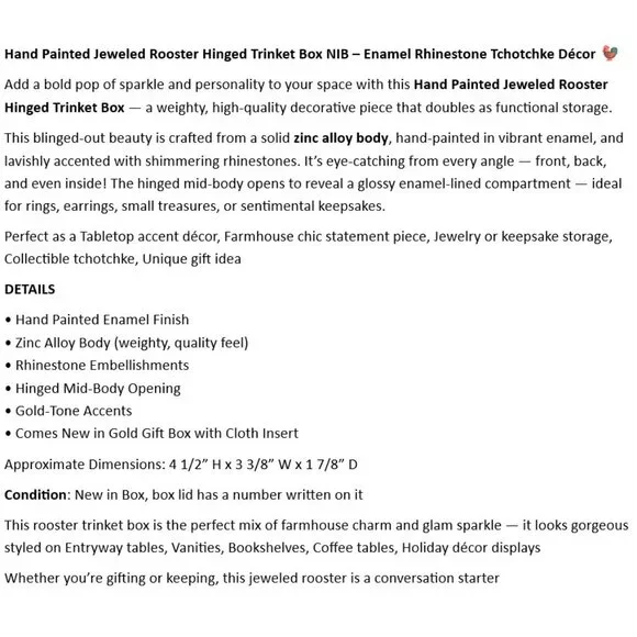 Jeweled Rooster Hinged Trinket Box NIB Enamel Rhinestone Tchotchke Décor 🐓